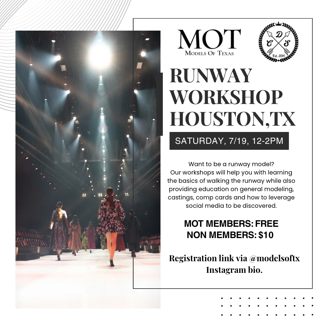 Houston Texas, Runway Model Workshop, Saturday, 7/19, 12pm to 2pm, @classicdancestudio 17202 Clay Rd, Houston, TX, 77084
Wear Black Fitted/Spandex style attire with comfortable heels/black shoes.