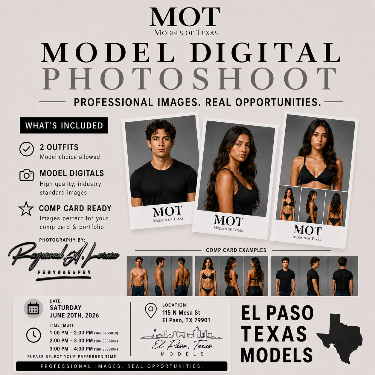 El Paso, TX, Professional model digital session featuring agency-style digitals and comp card-ready images with up to two outfit changes. Build or refresh your portfolio with industry-standard images photographed by Raymond A. Lerma.