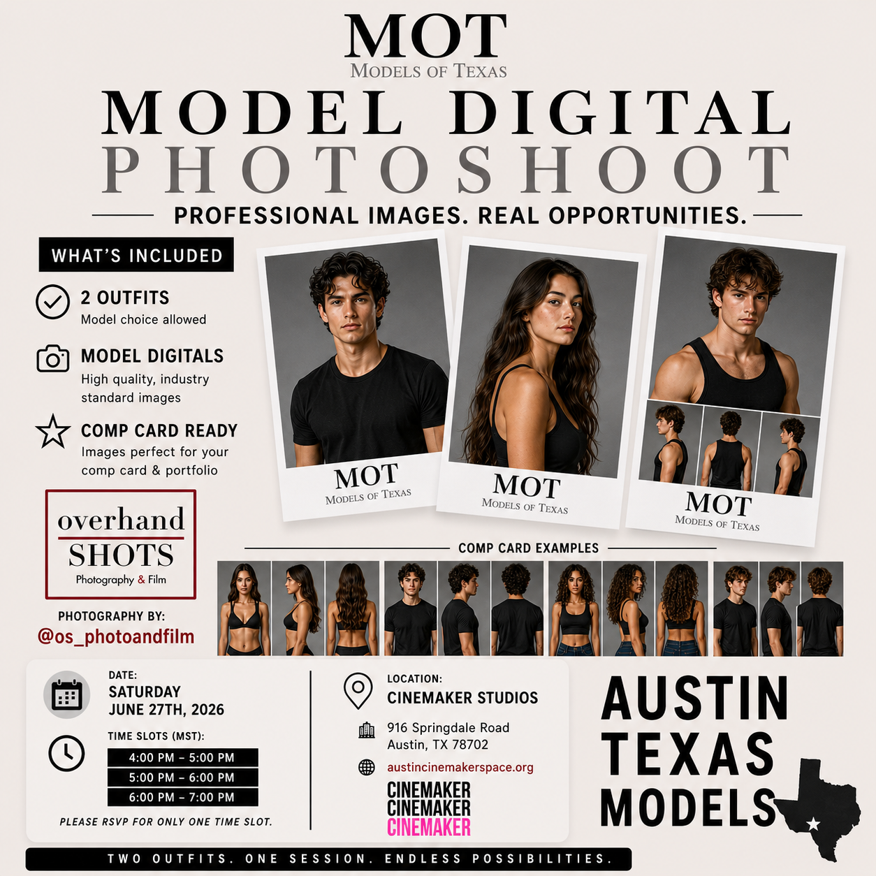 Austin,TX, Professional Model Digital Photoshoot at Cinemaker Studios in Austin featuring agency-style digitals and comp card-ready images. Includes up to two outfit changes and photography by @os_photoandfilm.