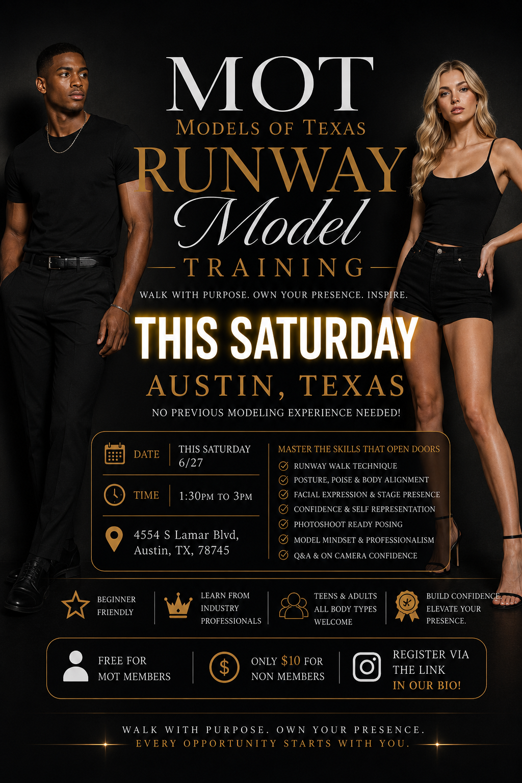 Austin, TX, Runway Training, 6/27/26, 1:30pm to 3pm, 4554 S Lamar Blvd, Austin, TX, 78745. Wear black spandex or fitted attire, with comfortable heels. Pack water bottle and light snack.