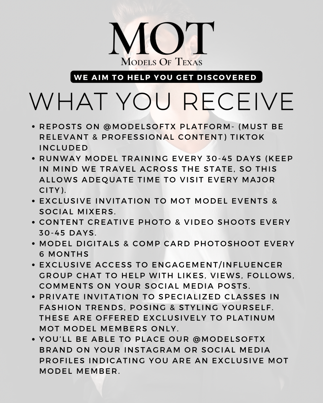Platinum Level MOT Model Member
- Details & Registration Form is located within our @modelsoftx Instagram profile, make sure you fill it out first. DM our Instagram @modelsoftx with a screenshot of the payment confirmation once completed.