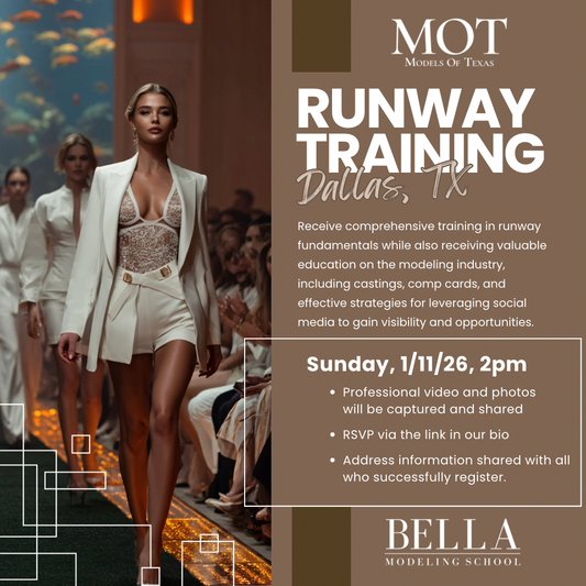 Runway Model Training Class, Sunday, 1/11/26, 2pm. Address: 1350 manufacturing Suite# 216 Dallas, Texas, 75207. Females wear black spandex attire, comfortable heels. Males: All black attire, comfortable shoes.