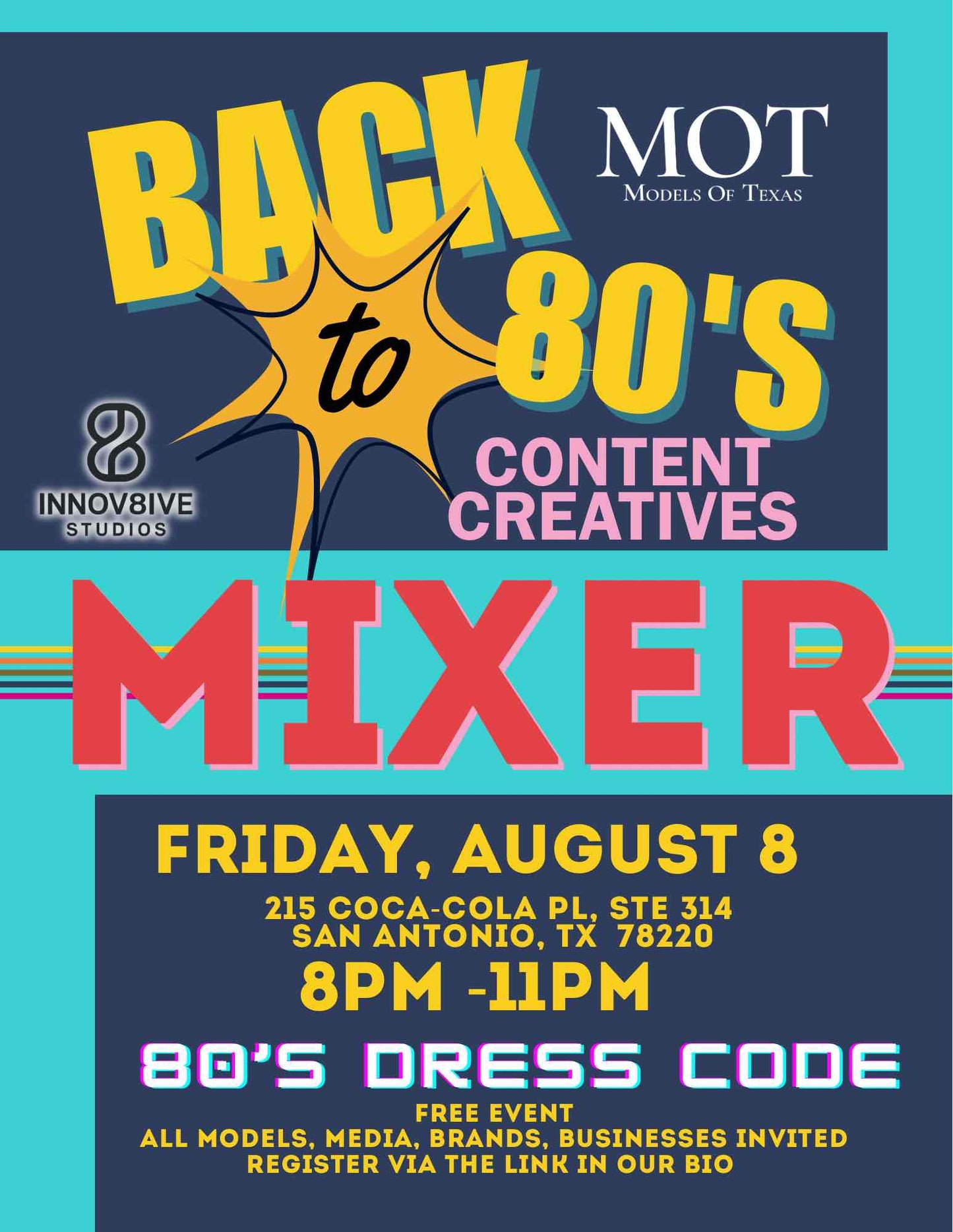 Arrive dressed in your best 80’s attire and be ready for an amazing content creatives mixer! Bring your camera and capture some memories, we look forward to seeing you on Friday, 8/9/25, 8pm, 215 Coca-Cola Pl, STE 314, SA, TX, 78220