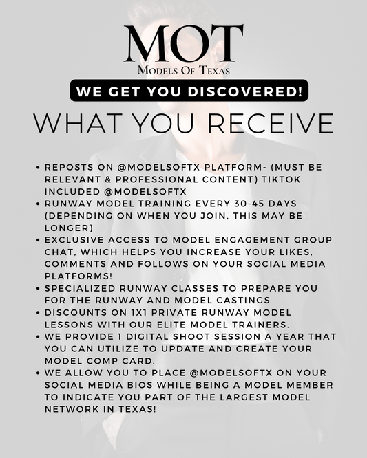 Elite MOT Model Member
- Details & Registration Form is located within our @modelsoftx Instagram profile, make sure you fill that out first. DM our Instagram @modelsoftx with a screenshot of the payment confirmation once completed.