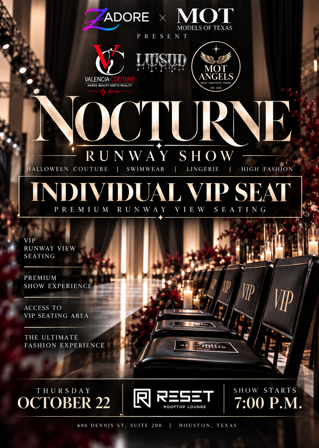 VIP Seat, NOCTURNE — Runway Show brings together Halloween couture, swimwear, lingerie, and high fashion in an elevated evening fashion experience. Thursday, October 22 | 7:00 PM | Reset Rooftop Lounge, Houston, TX.