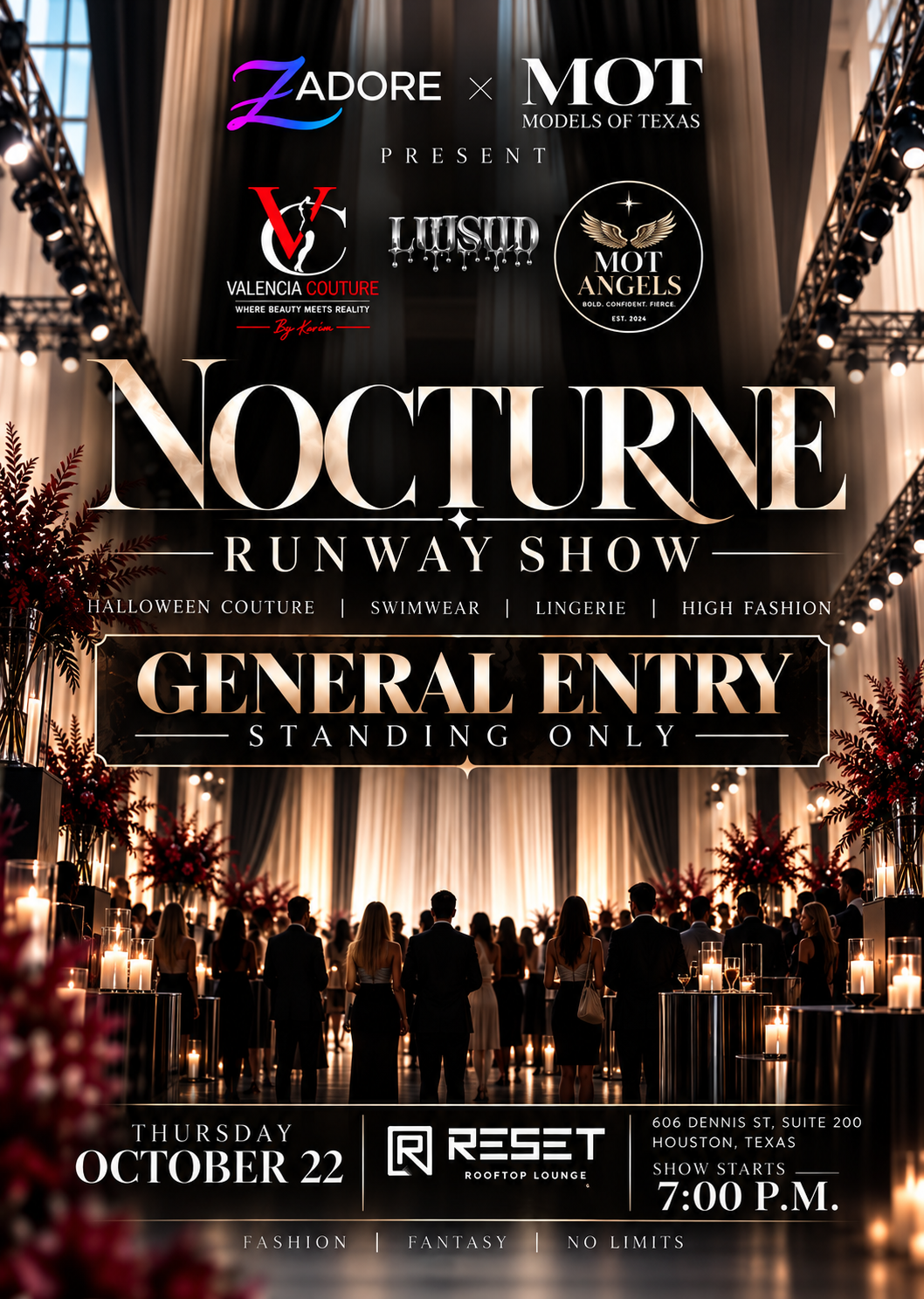 General Admission “Standing Only,” NOCTURNE — Runway Show brings together Halloween couture, swimwear, lingerie, and high fashion in an elevated evening fashion experience. Thursday, October 22 | 7:00 PM | Reset Rooftop Lounge, Houston, TX. (Copy)