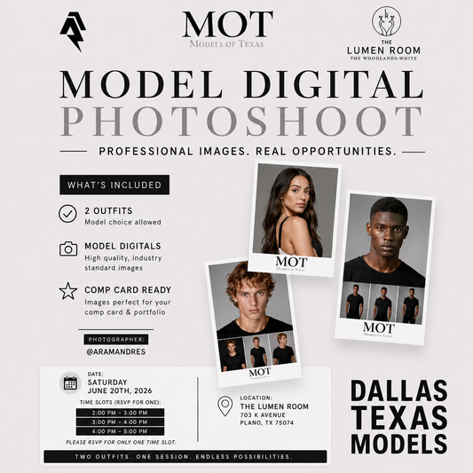 Dallas-area models: June 20th at The Lumen Room, professional Model Digital Photoshoot. We will create agency-style digitals and comp card-ready images with two outfit looks of your choice. You bring the 2 outfits, show up on time, no cancellations.
