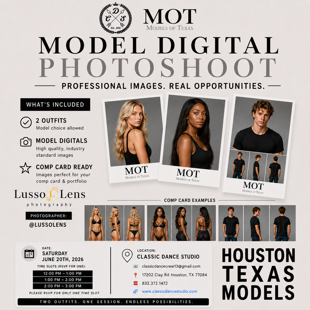 Houston, TX, Professional model digital session featuring agency-style digitals and comp card-ready images with up to 2 outfit changes. Hosted by Models of Texas at Classic Dance Studio, with photography by @lussolens.
