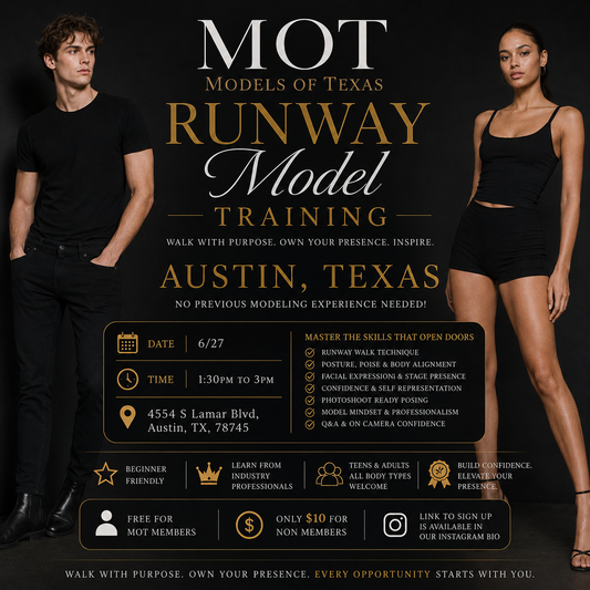 Austin, TX, Runway Training, 6/27/26, 1:30pm to 3pm, 4554 S Lamar Blvd, Austin, TX, 78745. Wear black spandex or fitted attire, with comfortable heels. Pack water bottle and light snack.