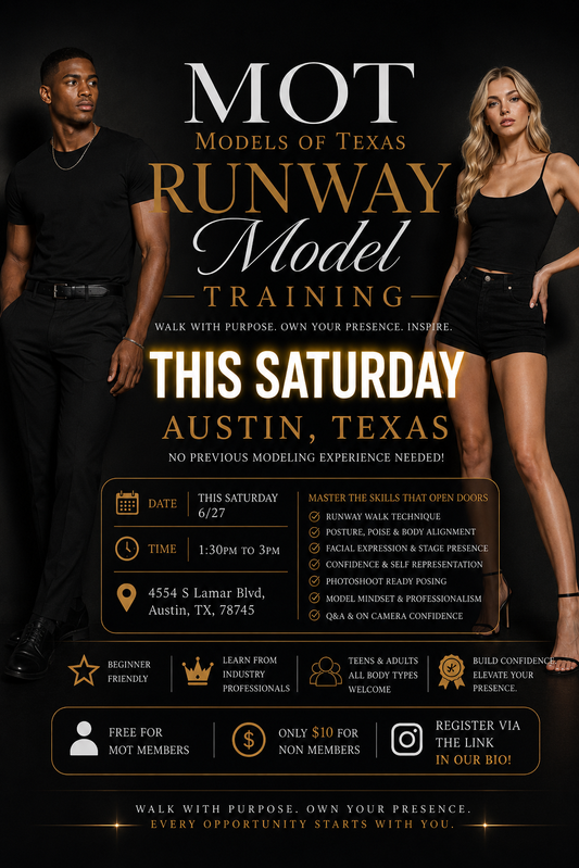 Austin, TX, Runway Training, 6/27/26, 1:30pm to 3pm, 4554 S Lamar Blvd, Austin, TX, 78745. Wear black spandex or fitted attire, with comfortable heels. Pack water bottle and light snack.
