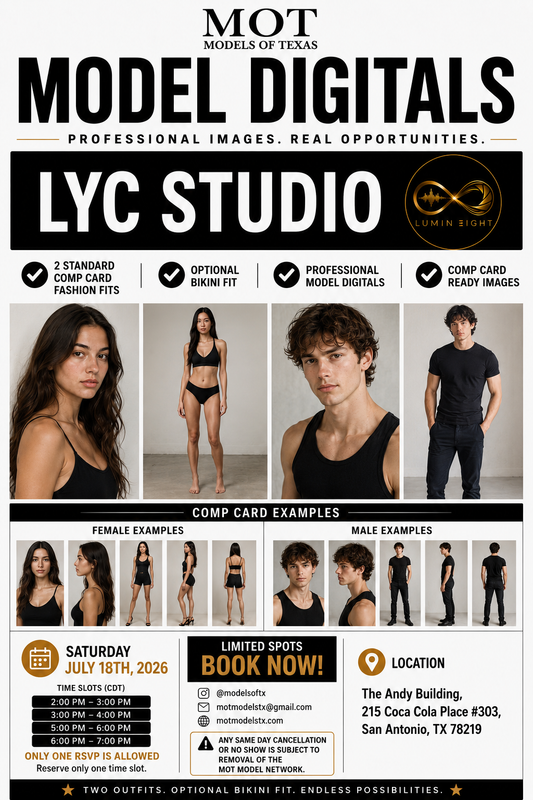 SATX, at LYC Studio, July 18, 2026. Bring 2 fashion looks of your choice and optional bikini/swim fit. RSVP only once, same day cancellations & No Shows are subject to removal of MOT model network. The Andy Building
215 Coca Cola Place #303.